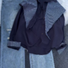600-5.png Women’s Button-Down Blouse with Detachable Checkered Scarf
