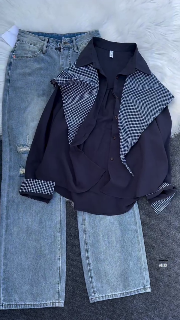 600-5.png Women’s Button-Down Blouse with Detachable Checkered Scarf