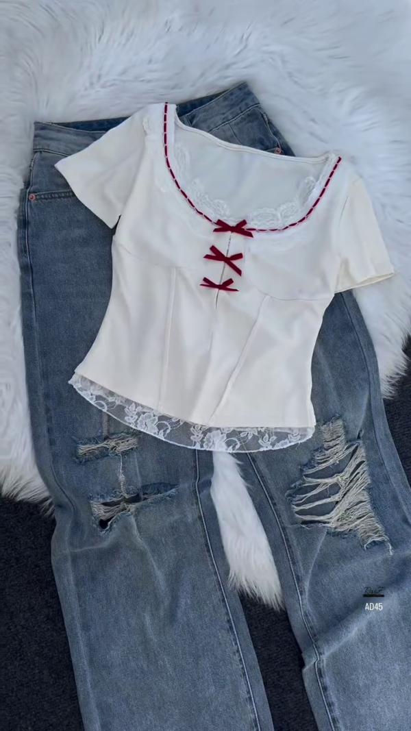 605-1.png Women’s Pink Lace-Trim Blouse with Bow Detail