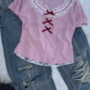 605-3.png Women’s Pink Lace-Trim Blouse with Bow Detail