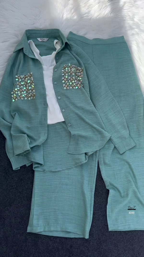 606-2.png Women’s Teal Embellished Two-Piece Set
