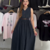 Sleeveless Denim Button-Down Midi Dress with Belt