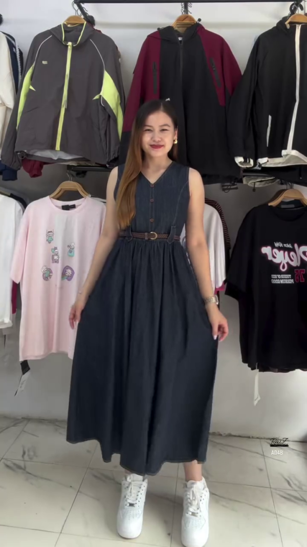 Sleeveless Denim Button-Down Midi Dress with Belt