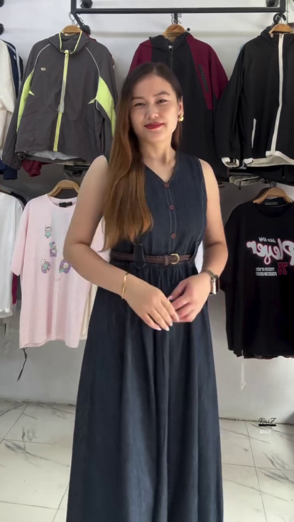 Sleeveless Denim Button-Down Midi Dress with Belt