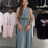 Sleeveless Denim Button-Down Midi Dress with Belt