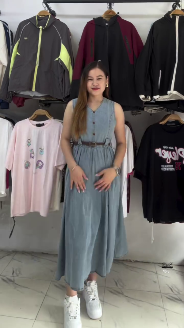 Sleeveless Denim Button-Down Midi Dress with Belt