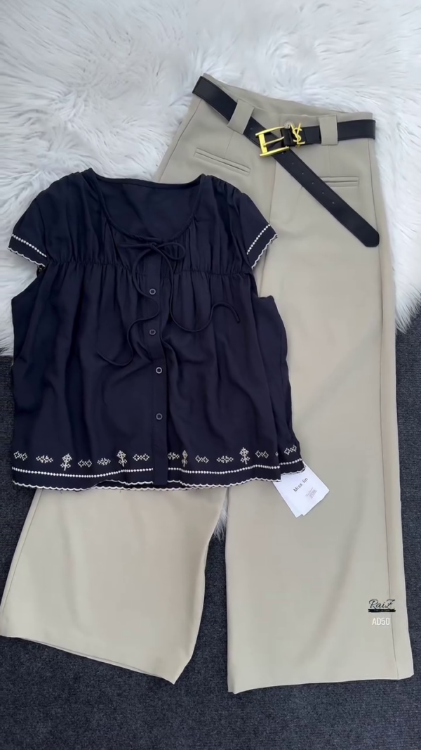 Black Embroidered Blouse & Beige Trouser Set with Belt