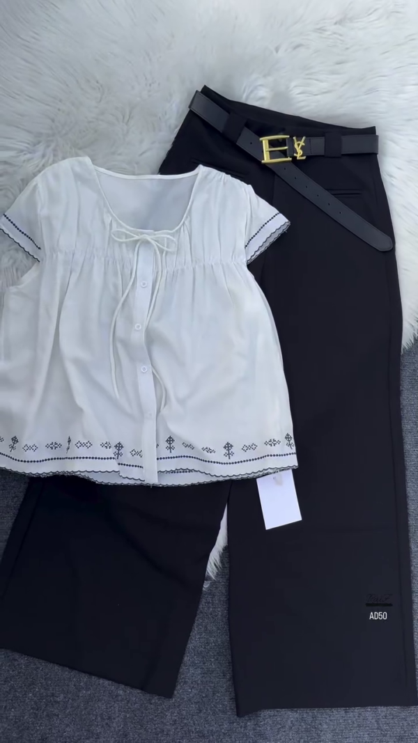 Black Embroidered Blouse & Beige Trouser Set with Belt