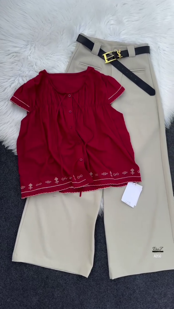Black Embroidered Blouse & Beige Trouser Set with Belt