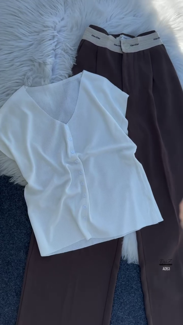 White Button-Down Sleeveless Top & High-Waist Brown Trousers Set
