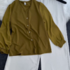 Olive Green Button-Down Blouse & Cream Wide-Leg Trousers Set
