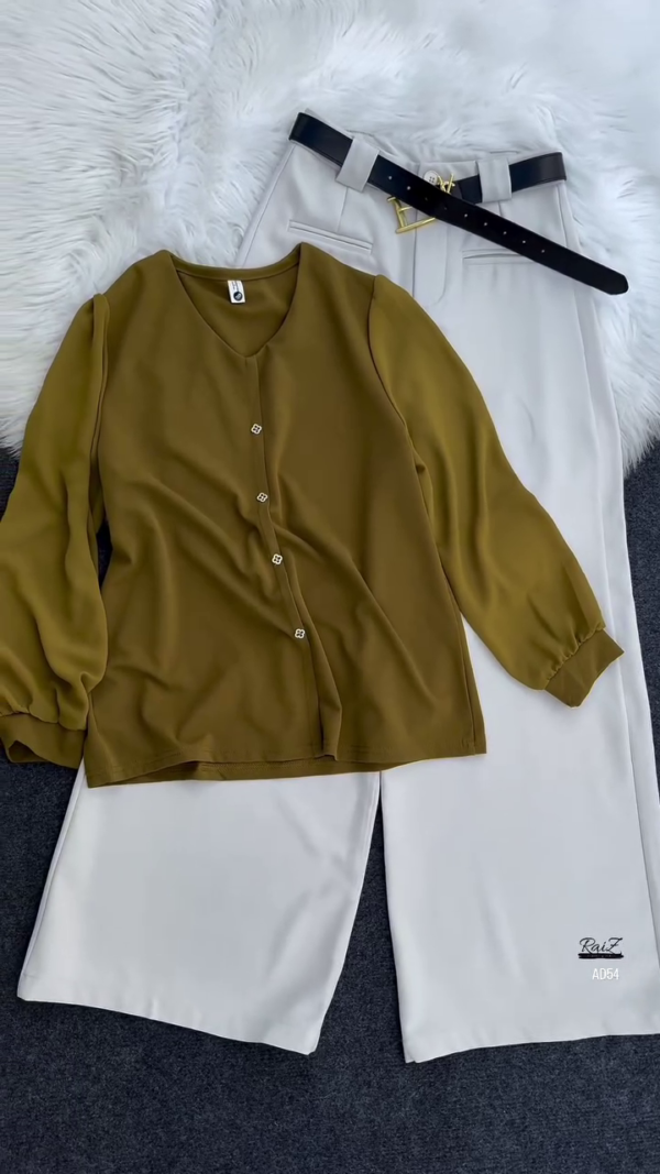 Olive Green Button-Down Blouse & Cream Wide-Leg Trousers Set