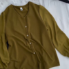 Olive Green Button-Down Blouse & Cream Wide-Leg Trousers Set