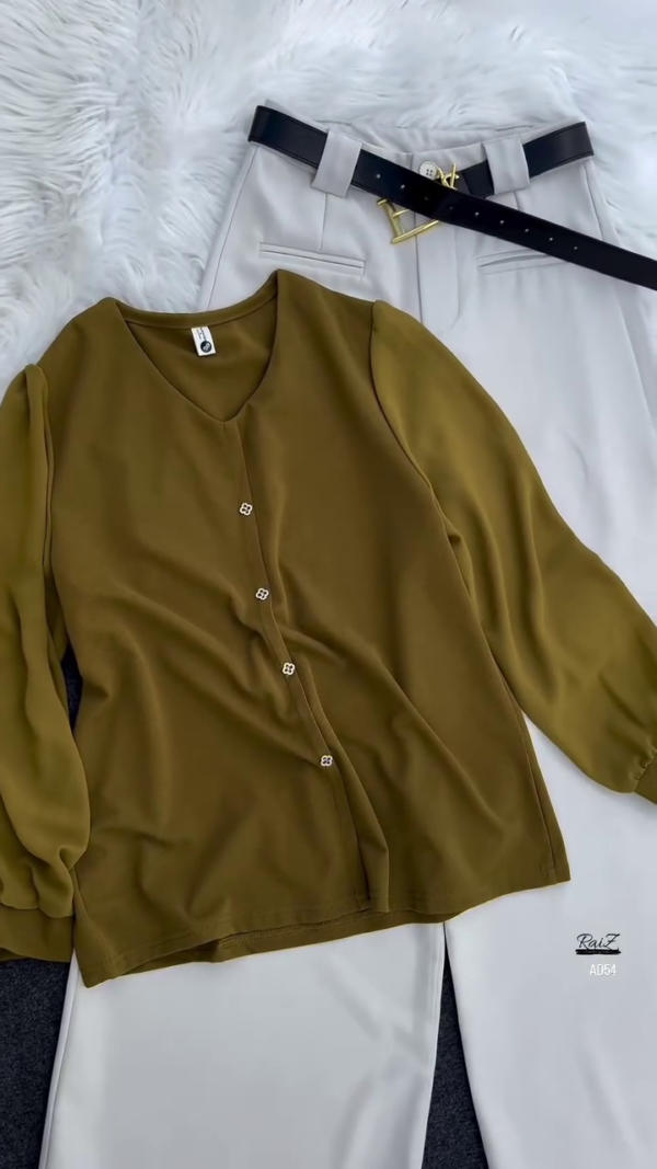 Olive Green Button-Down Blouse & Cream Wide-Leg Trousers Set