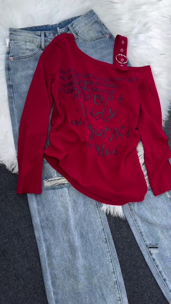 White Graphic Long-Sleeve Top & Washed Blue Denim Jeans Set