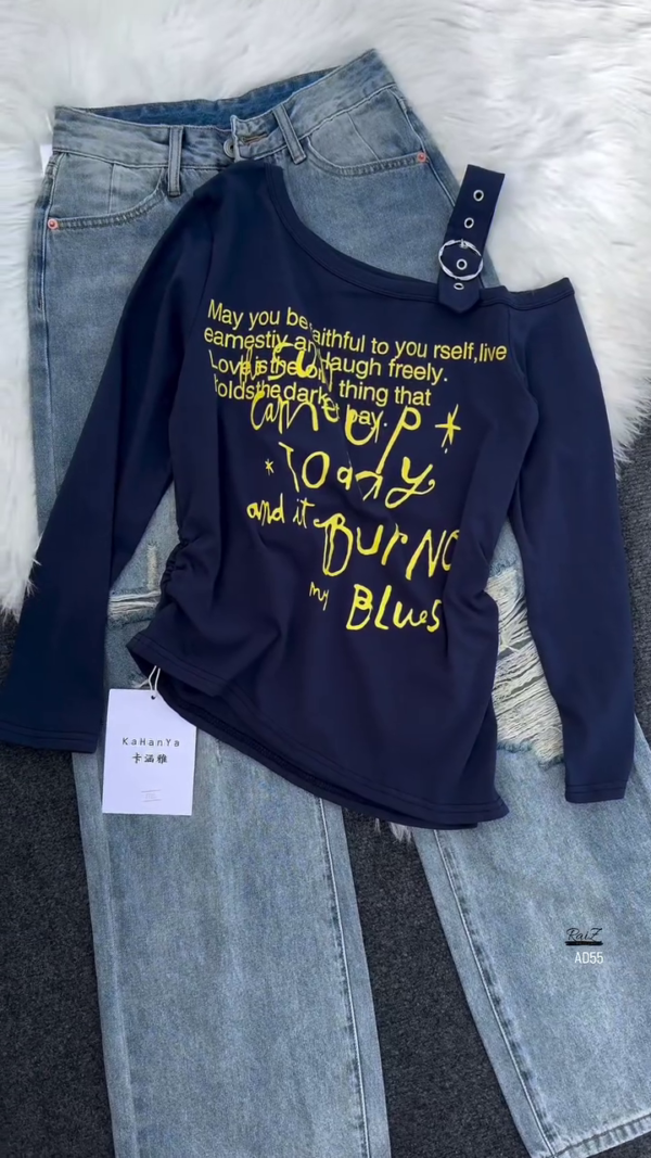 White Graphic Long-Sleeve Top & Washed Blue Denim Jeans Set