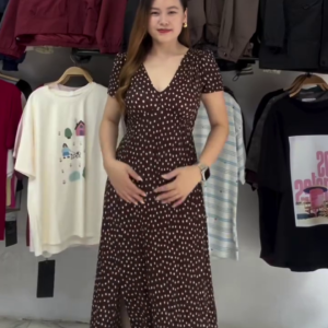 Brown Polka Dot V-Neck Maxi Dress