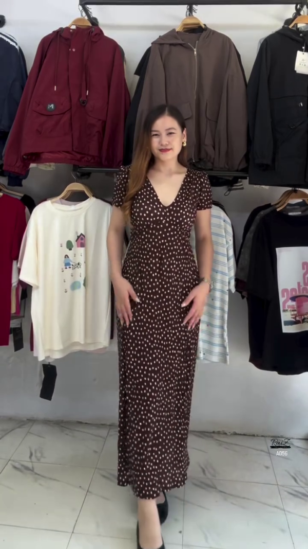 Brown Polka Dot V-Neck Maxi Dress