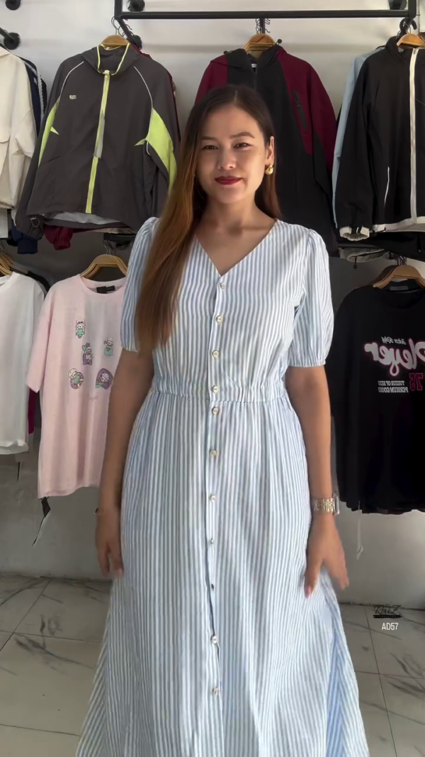 617-1.png White & Blue Striped Button-Down Midi Dress