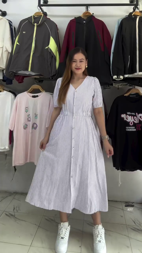 617-2.png White & Blue Striped Button-Down Midi Dress