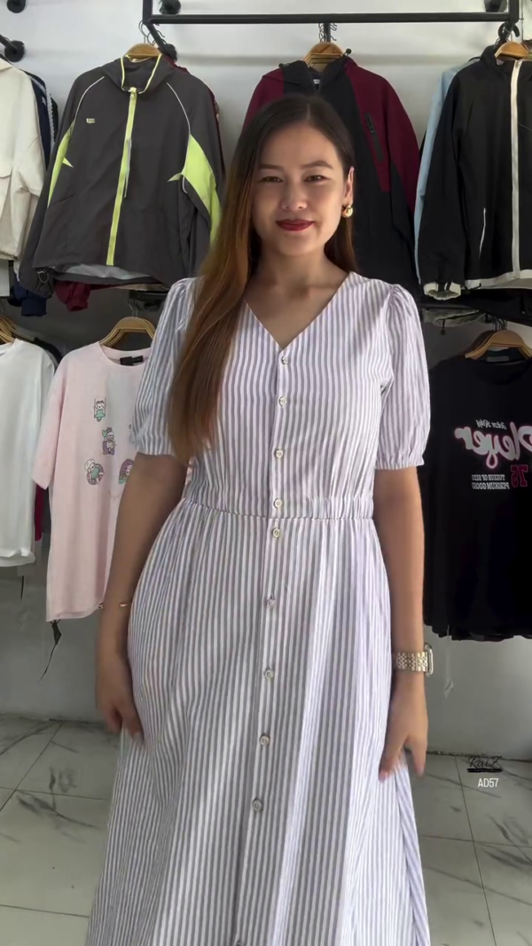 617-3.png White & Blue Striped Button-Down Midi Dress