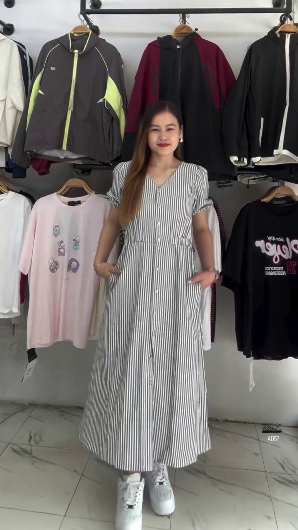 617-5.png White & Blue Striped Button-Down Midi Dress
