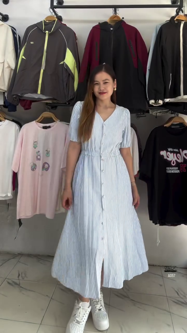 617-7.png White & Blue Striped Button-Down Midi Dress