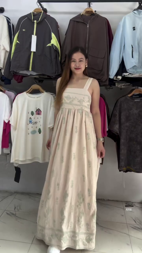 Beige Floral Embroidered Maxi Dress