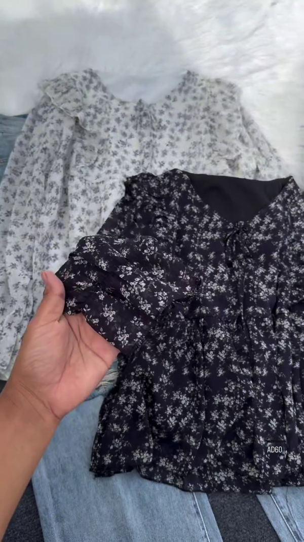 620-1.png Floral Ruffled Chiffon Blouse