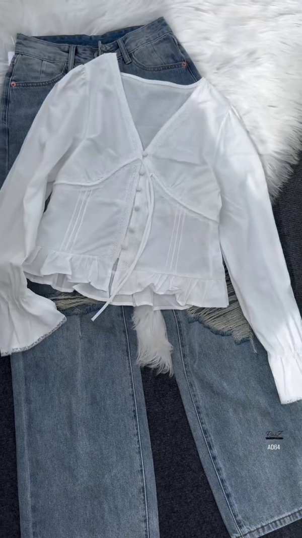 624-1.png Lace Trim V-Neck Blouse