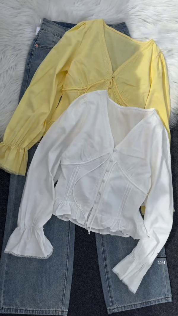 624-4.png Lace Trim V-Neck Blouse