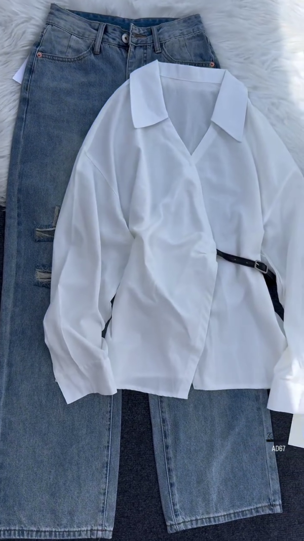 White Collared Wrap Blouse with Belt Detail