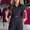 Black Short-Sleeve Button-Down Jumpsuit with Belt
