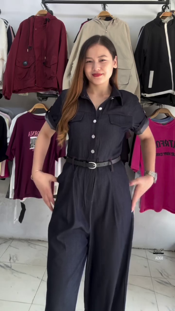 Black Short-Sleeve Button-Down Jumpsuit with Belt