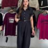 Black Short-Sleeve Button-Down Jumpsuit with Belt