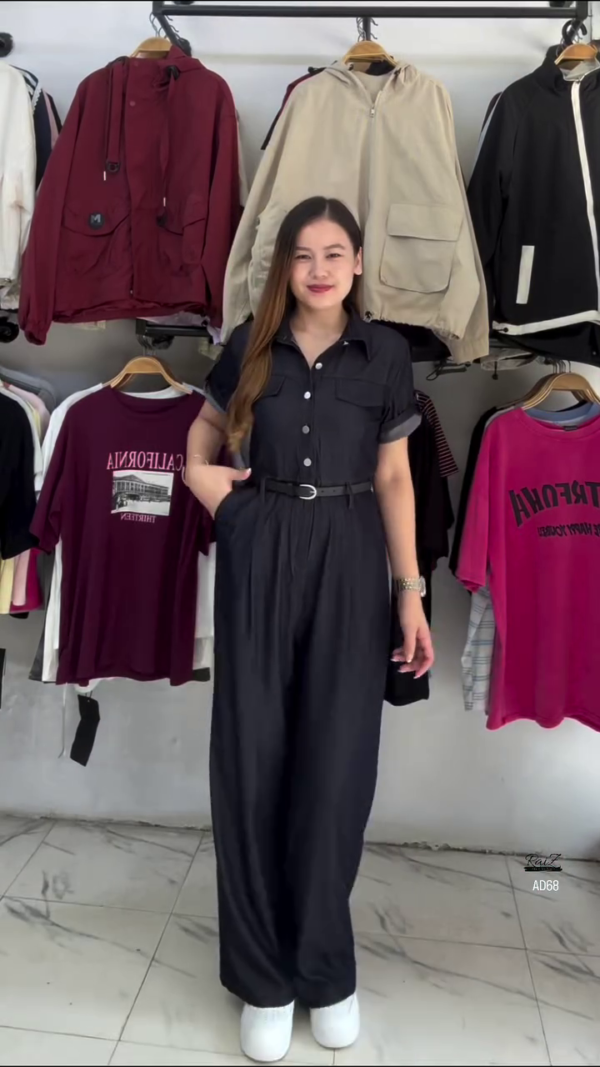 Black Short-Sleeve Button-Down Jumpsuit with Belt
