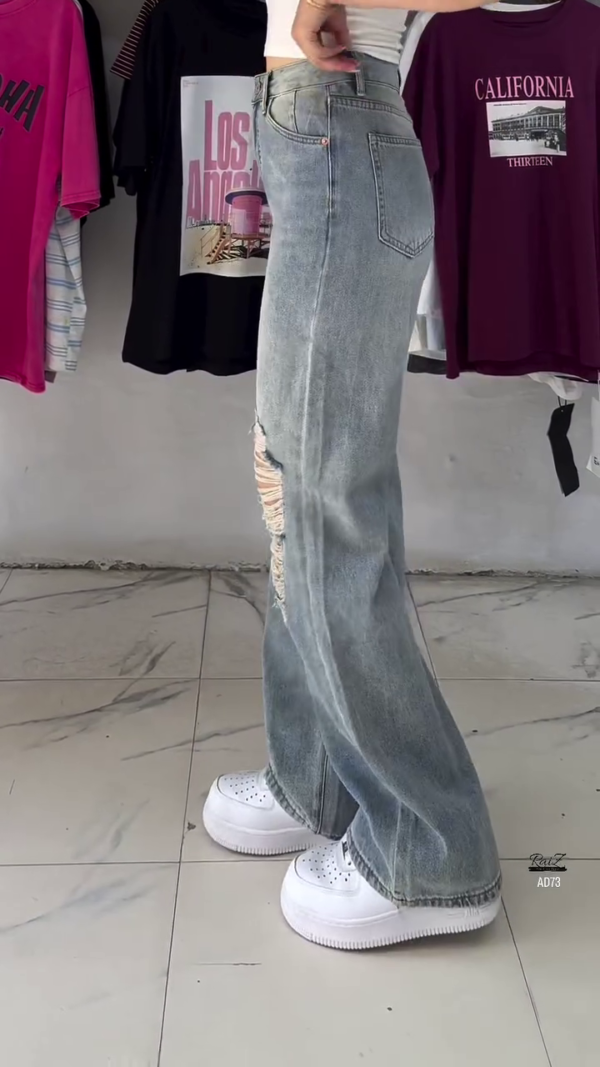 Distressed High-Waist Wide-Leg Jeans