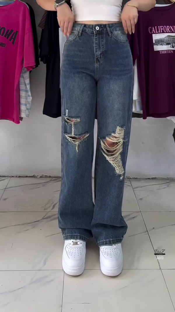 Distressed High-Waist Wide-Leg Jeans