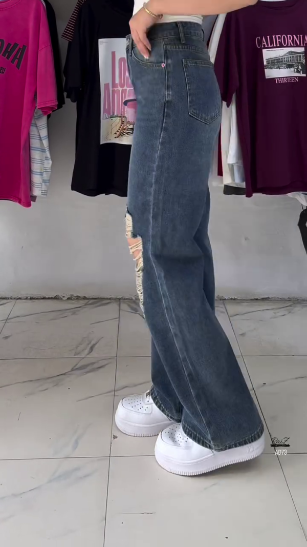 Distressed High-Waist Wide-Leg Jeans