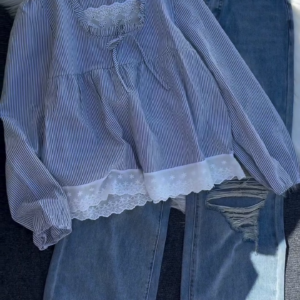 Pink Striped Ruffle Blouse with Distressed Denim Jeans Set