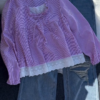 Pink Striped Ruffle Blouse with Distressed Denim Jeans Set