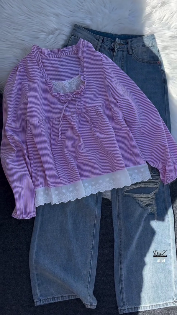 Pink Striped Ruffle Blouse with Distressed Denim Jeans Set