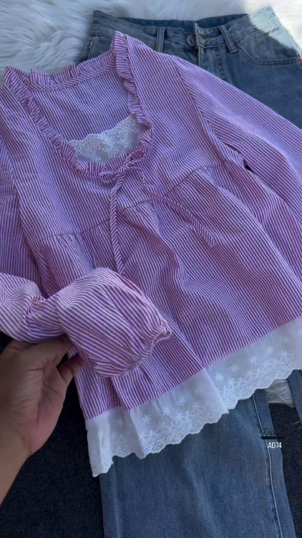 Pink Striped Ruffle Blouse with Distressed Denim Jeans Set