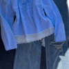 Pink Striped Ruffle Blouse with Distressed Denim Jeans Set