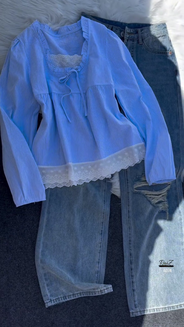 Pink Striped Ruffle Blouse with Distressed Denim Jeans Set