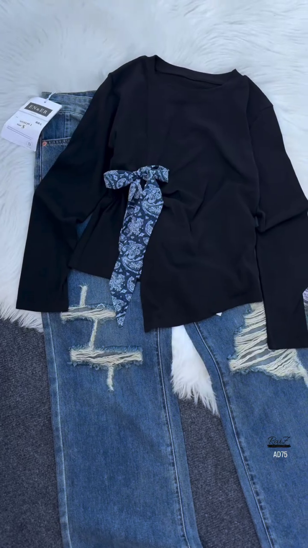 635-1.png Casual Long Sleeve Top & Denim Jeans Outfit Set