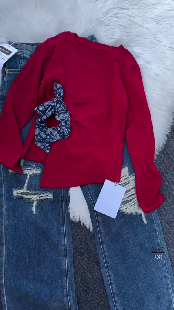 635-3.png Casual Long Sleeve Top & Denim Jeans Outfit Set