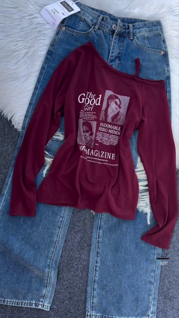 637-3.png Burgundy Graphic Off-Shoulder Top & Distressed Denim Jeans Set
