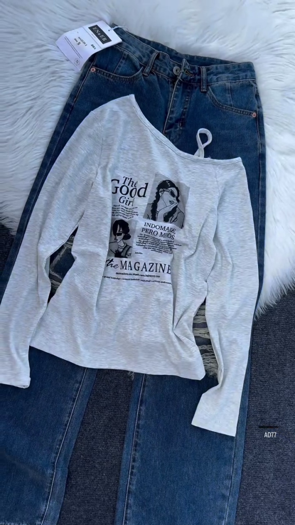 637-6.png Burgundy Graphic Off-Shoulder Top & Distressed Denim Jeans Set