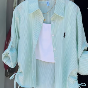1-1.png Mint Striped Drawstring Shirt with White Crop Tank – Breezy Layered Look